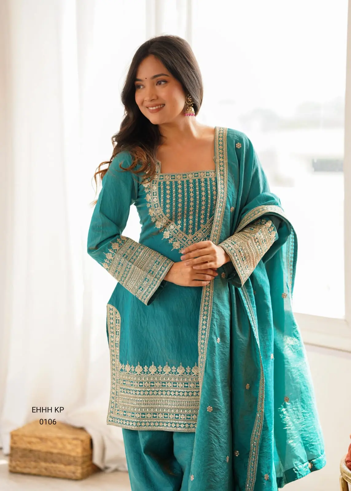 Elegant Embroidered Sharara Suit Set – Teal Green & Gold